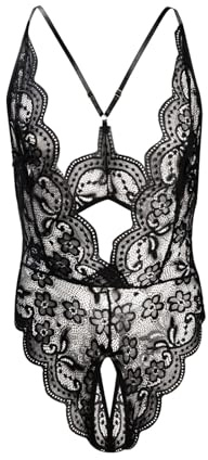 GENEMEN Hommes Bodysuit en dentelle Maillot de bain sexy en maille sheer une pièce Sissy Thong Leotard Jumpsuit (Noir)