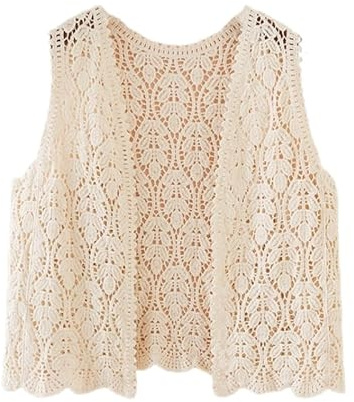 LCDIUDIU Chaleco De Crochet para Mujer, Verano, Blanco, Sin Mangas, Abierto, Delantero, Hueco, De Punto, con Hojas, Chaleco, Bohemio, Hippie, Chaleco Corto para Playa, Blusa Tipo Bolero.