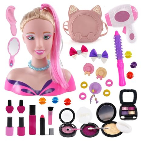 Teste per Acconciature Bambini, Capelli Biondi con 35 Accessori per Parrucchiere, Testa di Bambola per Trucco per Ragazze, Giocattolo per Trucco e Acconciature, Regalo per Natale e Compleanno, per