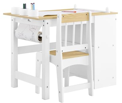 SoBuy Barnbord med 1 stol, barnstolsgrupp med 1 pappersrullehållare, barnbord, stolset, lekbord och målbord för barnrum, målbord för barn, vitt och natur 80x66x50cm KMB60-WN