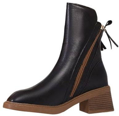 Botines mujer otoño invierno botas cortas con tacón bajo punta punta media botines de piel sintética al aire libre suela suave zapatos casuales con cremallera lateral botas mujer, Negro , 38 EU