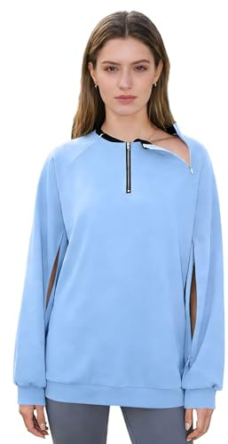 Aislor Donna Felpa Post-Operazione alla Spalla con Cerniera Abitazione Funzionale per Chemioterapia Operazioni e Riabilitazione Pullover Casual Felpa Mezza Zip Azzurro M