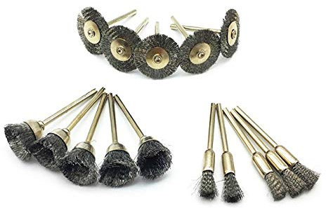 Set di 15 spazzole in filo di acciaio per lucidatura abrasiva, per utensili rotanti, per kit accessori Dremel, 3 tipi, argento