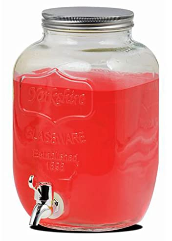 Tradineur - Tarro dispensador con grifo - Fabricado en Cristal Transparente - Capacidad de 8 Litros - Recipiente para servir agua, bebidas frías, refrescos - 31,3 x 20 cm - Modelo aleatorio