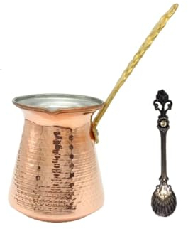 LEO Design Cafetière turque en 5 tailles, cafetière grecque arabe d'épaisseur en cuivre martelé massif gravé à la main Cezve Ibrik Briki avec longue poignée en bois/laiton pour (4 tasses)