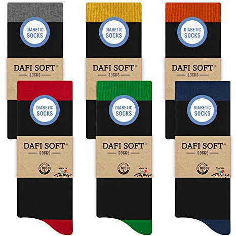 Dafi soft 6 Pairs Men's Diabetic Socks, Cotton, Stretchy, Made in Turkey (UK 6-8, 6x Black Color Mix)