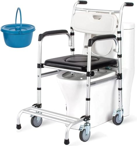 MISKYN Toilettenstuhl Für Senioren Mit Rollen, Toilettenstuhl Höhenverstellbar WC Stuhl, Dusch Toilettenstuhl Fahrbar Nachtstuhl, Duschstuhl Mit Rollen Für Behinderten, Bis 136 Kg B,B