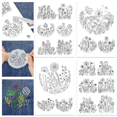 GLOBLELAND 4 feuilles 18 pièces Fleurs Solubles dans L'Eau Stabilisateurs de Couture à la Main pour Tissu Pissenlit Marguerite Broderie Point Pratique Transferts de Motifs de Broderie