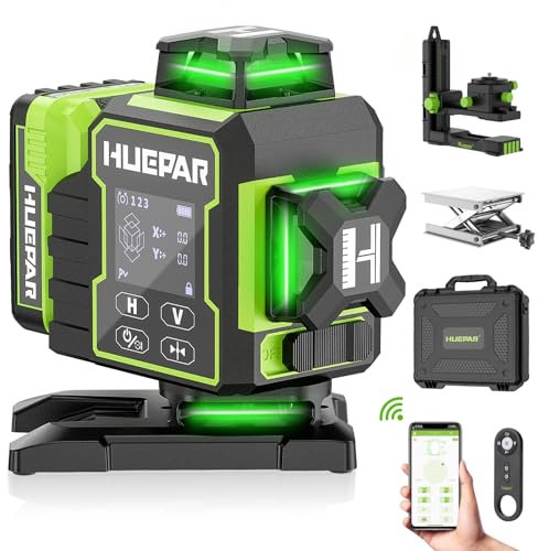 Huepar 2024 New Edition W04CG 4D Laser Level, LCD Display, Rotating Motor Base, 360° Self-Leveling Cross Line - Bluetooth Remote Control, High Precision Laser Level, Pulse Mode