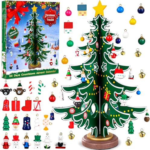 Adventskalender 2024 Hölzerner Weihnachtsbaum mit 36 Ornamenten 24 Tage Weihnachten Countdown Adventskalender Tischdeko Weihnachtsbaum Anhänger für Erwachsene Jungen Mädchen Kinder (greent)