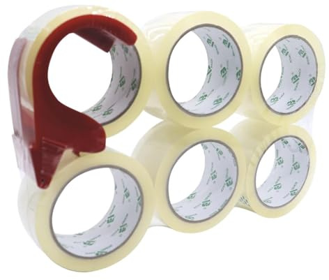 Better+ Pack of 6 Rolls with 1 Dispenser No Bubble Clear Secure and Sticky Packing Tape, Heavy Duty Packaging Tape for Moving, Parcels Sealing, Shipping,45mic x 50mm x 60m (6 Rolls with Dispenser)