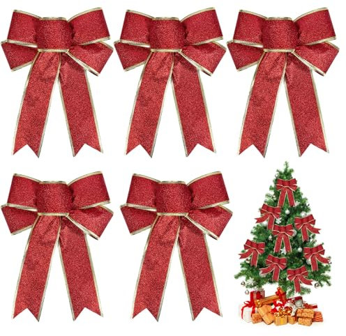 TUONYIS 5 Stück Rote Schleifen Weihnachten Weihnachten Schleifen Weihnachtsschleifen Rot Glitzer Weihnachtsbaum Schleifen für Weihnachtsbaum Kranz,Kamin,Heim Haustür, Feiertagsdekorationen (Rot)