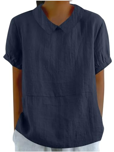 Chemise Lin Femme Coton Lin Tunique à Manches Courtes Chic Et ÉLéGant Chemisiers Couleur Unie Tee Shirt ÉTé Ample Haut Top à Revers LâChe Respirant Blouse Grande Taille Pas Cher Tee