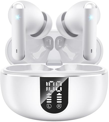 JBMI Cuffie Bluetooth, Auricolari Bluetooth 5.3 In Ear Stereo con 4 Microfono ENC, 60 Ore Cuffiette Wireless Cancellazione Rumore, Auricolare IP7 per iPhone e Androide, Earbuds Sportive (Avorio)