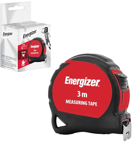 Energizer – Metro a Nastro da 3 Metri – Sistema Metrico – Nero e Rosso – Doppio Materiale Tylon – Custodia Ergonomica – Nastro in Acciaio Verniciato con Gancio da 16 mm – Blocco del Nastro – Ritorno A