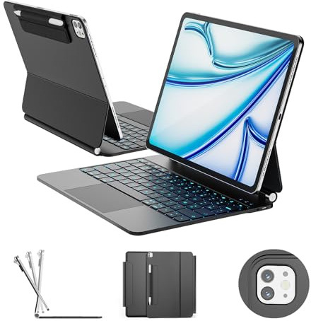 RAYMCRAFT Coque Clavier pour iPad Air 13 Pouces (M4/M3/M2) et iPad Pro 12,9 (6e/5e/4e/3e gén) Magic Keyboard, Rétroéclairage 11 Couleurs, Smart Trackpad, Support Magnétique, Attache Stylet, Noir