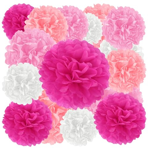 BATHRINS 16 Stück Seidenpapier Pompons Deko Rosa Pom Pons Deko Papierblumen Partydeko für Geburtstag Hochzeit Gartenparty