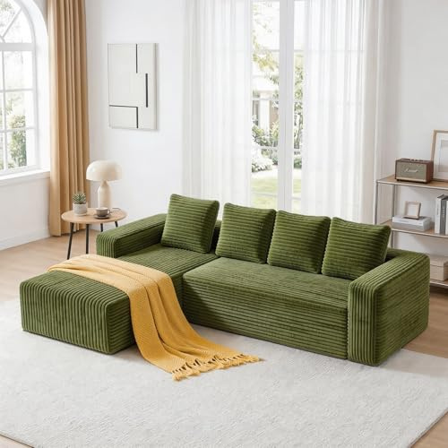 KOMHTOM 261cm Canapé Modulable d'angle, Canapé 3 Places en Velours Côtelé avec 4 Coussins Confortables, Accoudoir, Fauteuil Rembourré (Vert, E)