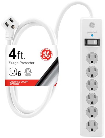 GE Surge Protector Power Strip, 4 Ft Extension Cord, 6 Outlet Extender, 800 Joules, Flat Plug, Twist-to-Close Safety Covers, ETL Listed, White, 33658