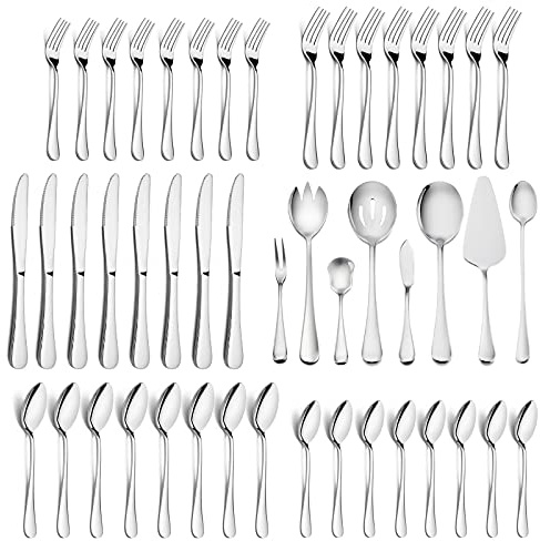 HaWare 48 Pieces Silverware Set with Serving Utensils, Stainless Steel Fancy Flatware Cutlery Set for 8, Traditional Elegant Style Tableware Eating Utensils, Mirror Polished & Dishwasher Safe