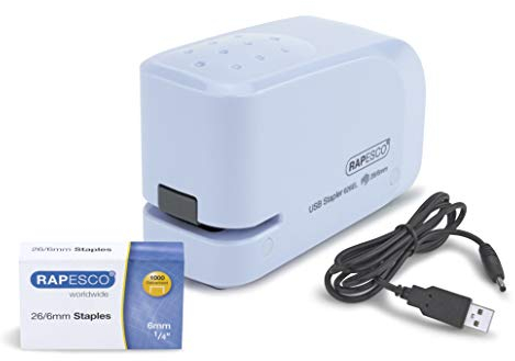 Rapesco 1452 626EL Grapadora Automática USB/Batería con 1000 Grapas 26/6mm, Capacidad para 15 Hojas, Celeste