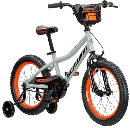 Schwinn Scorch Bike, 16 Inch Bike for Kids Ages 3-13, with Training Wheels or Adjustable Seat, Rear Coaster Brake & Front or Front & Rear Hand Brake, for Girls & Boys, Grey