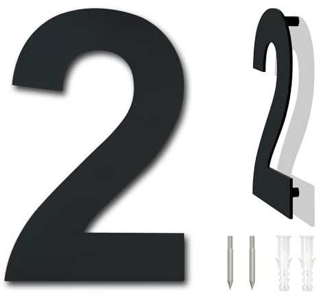 Número de casa moderno cepillado,152 mm de altura, hecho de acero inoxidable 304 sólido, chapado en negro (Número 2 Dos)