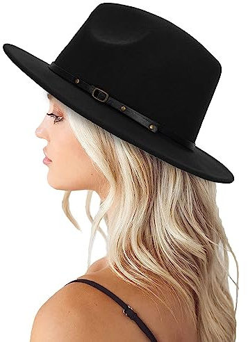 Chapeau Fedora classique en feutre avec boucle de ceinture pour femme - Chapeau Panama en laine à large bord réglable (taille : S-M), Noir avec boucle de ceinture noire, 7-7 1/4