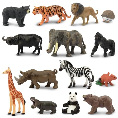 toymany 14PCS Mini Jungle Animal Figures Toy, Realistic Mini Jungle Zoo Animal Figurines Cake Topper Toy Set, Easter Egg Christmas Birthday Gift Party Favor School Project for Kids Toddlers