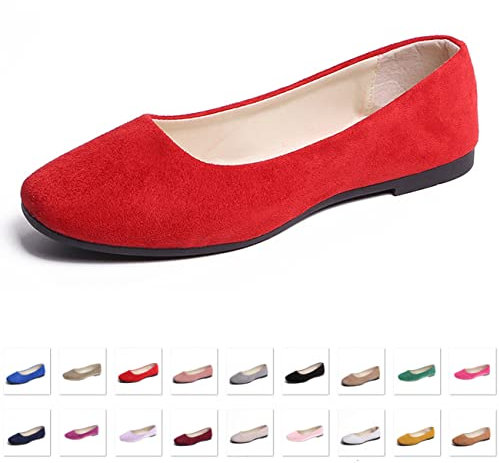 Hwalleum Women's Casual Square Toe Ballet Flats Ladies Stylish Slip On Ballerina Flats Girls Fashionable Solid Color Ballet Pumps Dolly Shoes Womens Comfy Office Driving Flat Shoes Loafers Bright Red