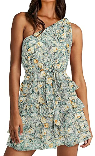 BTFBM Women One Shoulder Summer Dresses 2026 Floral Sundress High Waist Flowy Mini Beach Spring Wedding Guest Dress (Floral Green, Large)