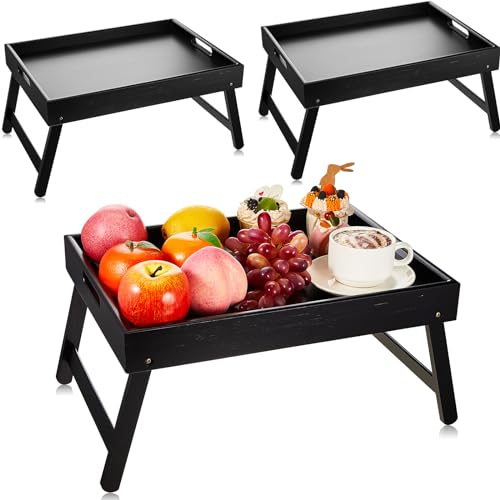 Qunclay 3 vassoi per la colazione, con gambe pieghevoli, in bambù, con manici, per mangiare, snack, divano, TV, lavoro come scrivania per laptop, 40 x 30 cm