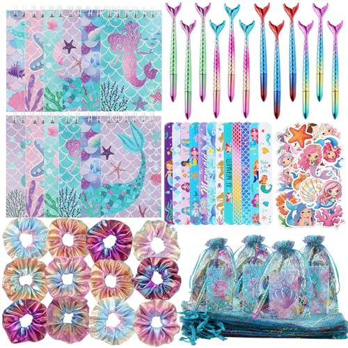 LiYiQ 110 PCS Mermaid Birthday Gifts Include 12 Pen 12 Notepad 12 Shiny Metallic Scrunchies 12 Gift Bag 50 Sticker Classroom Reward Gift Prizes Goodie Bags Stuffers