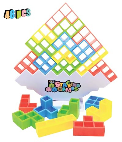 KIEZ 48 Pcs Tetra Tower Stacking Games, Balance Building Blocks, Fun Balance Stacking Toy for Kids, Board Games for Family Night & Team Parties