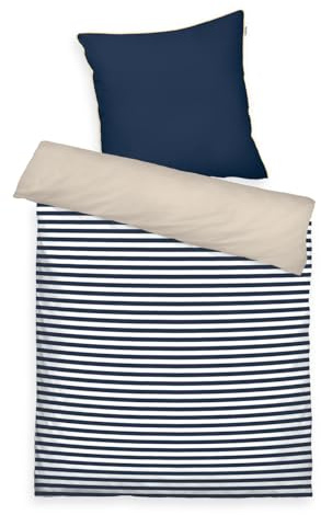 TOM TAILOR Perkal-Bettwäsche, 80x80 cm + 135x200 cm, 100% Baumwolle/Perkal, mit Wendemotiv, farbiger Paspel am Kissen und Markenreißverschluss, STRIPES WITH A KICK Blau, Beige (Dark Navy & Sunny Sand)
