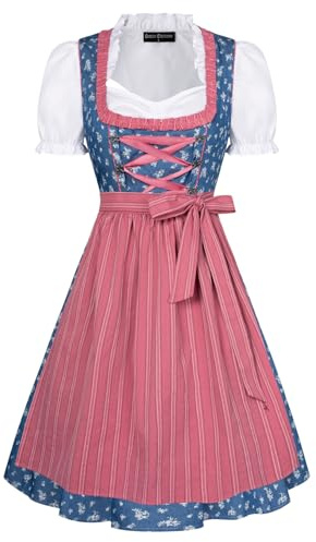 SCARLET DARKNESS Vestido tradicional midi para mujer falda tradicional moda tradicional tirolés blusa jeans azul y rosa L