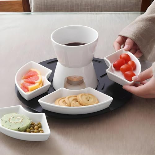 Service À Fondue Au Chocolat, Fondue Chocolat Bougie, Ensemble De Fondue Au Chocolat en Céramique avec 4 Plats, Fondue Au Fromage avec Assiette Et Fourchette pour Beurre Fromage