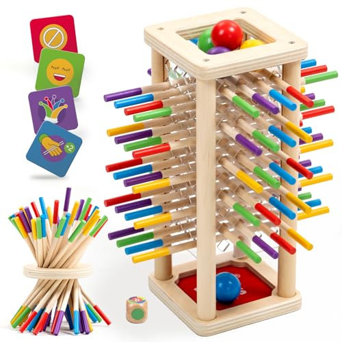 Nene Toys BALLFALL - Montessori Wooden Board Game for Kids Ages 3-9 – Educational Toy for Fine Motor Skills & Logical Thinking – Classic Family Tower Game with Colorful Sticks, Dice & Cards
