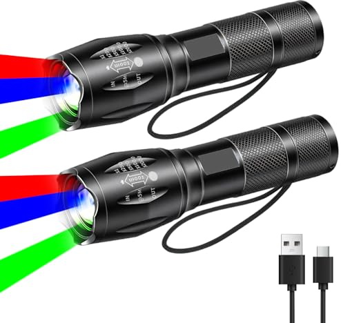 LIAISIMI 4 in 1 torcia a LED con Luce Rossa, Blu, Verde, Bianca, Torcia LED Ricaricabile, Multifunzionale Torcia Elettrica con Messa a Fuoco Regolabile Torcia Impermeabile (2 Pack)