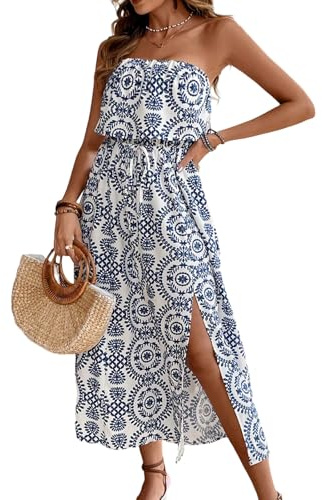 Women's Ruffle Floral Maxi Summer Casual Dress Off Shoulder Wedding Guest Slit Hem Beach Prom Dresses 7225 Blue White L