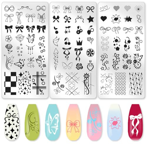 beinkmake 3Pcs Bow Nail Stamping Plate Set Butterfly Flower Cherry Nail Stamp Templates French Line Tip Stainless Steel DIY Reusable Tools with Stamper Scraper for Manicure Printing