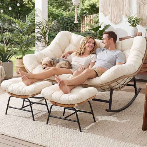 NICESOUL Oversized Double Rocking Papasan Chair with Cushion, 2 Person Big Wicker Outdoor Comfy Recliner, Large Heavy Duty 700 lbs Loveseat for Patio, Balcony, Backyard (Beige, 2 Seats w/Ottoman)