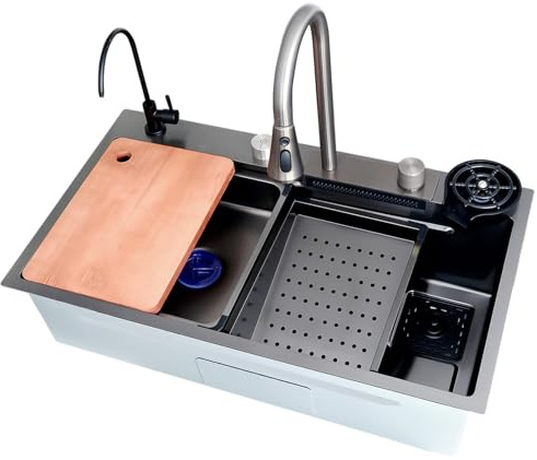 ATHOMASM 85 x 50 cm Lavello da cucina in acciaio inox, con rubinetto estraibile a cascata, sciacquatore per bicchieri, rubinetto per bere, dispenser di sapone, tagliere, kit di drenaggio, 1 seno sopra
