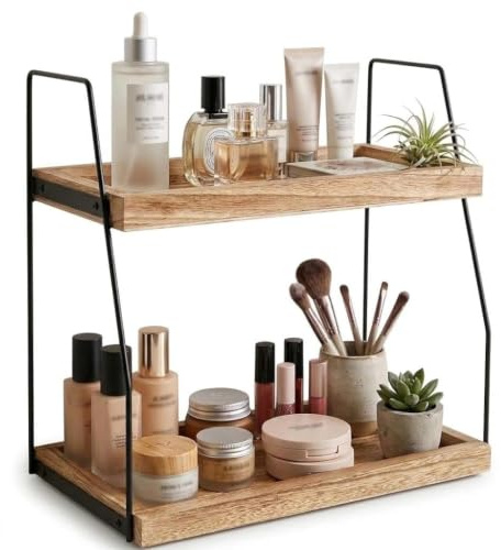 Stazione portaoggetti per caffè Mujiluxe, contenitore per cucina, ripiano in legno, porta spezie a 2 livelli, accessori per bar, organizer per mensole da cucina, per cucina, casa, ufficio (marrone)