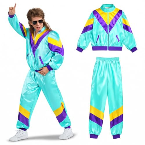 Disfraz de los años 80 y 90 retro con botón de baño, mono de entrenamiento, para hombre y mujer, para carnaval y carnaval, chándal