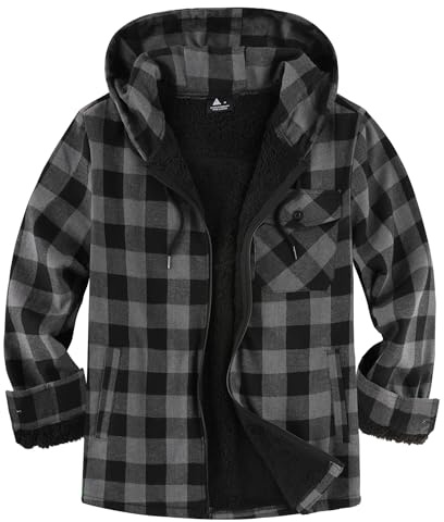 JACKETOWN Giacca Boscaiolo da Uomo Giacca Uomo Foderata Cappuccio a Quadri Flanella con Cerniera Sherpa Trekking Invernale Camicia in Flanella Outdoor(Grigio Scuro 2XL)