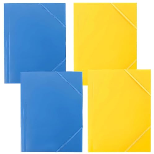4 stycken postmappar, A4-hörnspännmapp, elastisk tejpfäste, stabil och hållbar plastmapp, för skola och kontor (gul, blå)