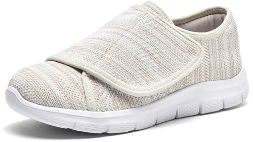 CHDDHX Scarpe Diabetiche Donna Pianta Larga Traspirante Ortopediche Pantofole Anziani Comode Ciabatte Regolabili Senza Lacci Scarpe da Passeggio Beige Taglia 39