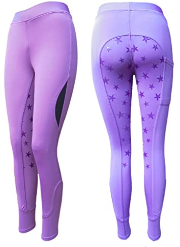 Childrens Full Seat Silicone Star Riding Tights with Pocket Kids Jodhpurs Jods (24, Purple)