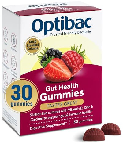 Optibac Probiotics Gut Health Gummies - Vegan Digestive Probiotic Supplement - Vitamin D, Zinc & Calcium for Immune Support & Gut Health - Most Recommended Brand - 30 Gummies